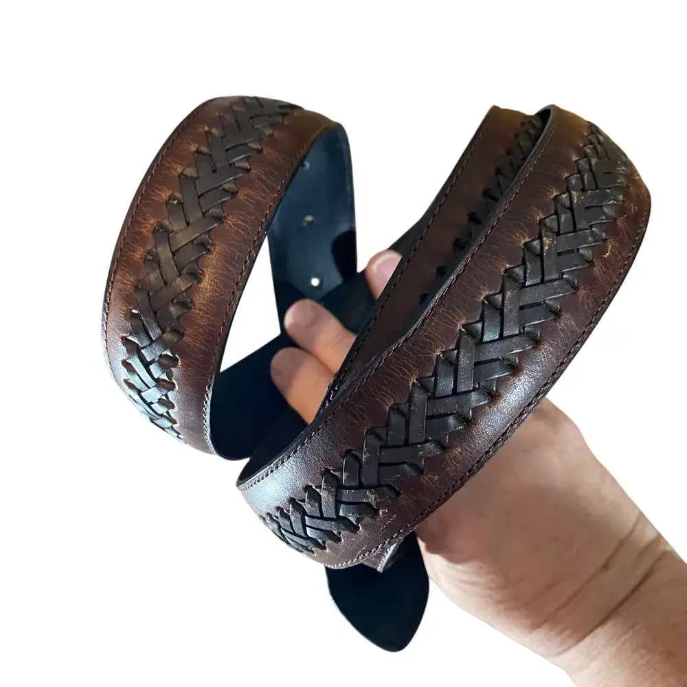 Columbia Brown Black Woven Leather Belt Antique Silver Buckle Men’s 44/110